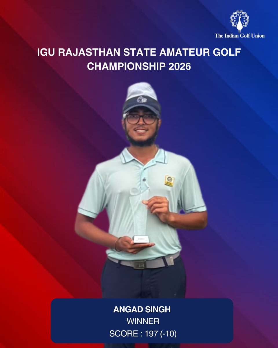 IndianGolfUnion's tweet photo. 🏆 Angad Singh Crowned Champion in Rajasthan!

Angad Singh clinched the IGU Rajasthan State Amateur Golf Championship at Rambagh Golf Club with a brilliant score of 10-under 197.

Final Standings:
🥇 Angad Singh — Winner | 10-under 197 
(1/3) https://t.co/ZTrAZXFx1L