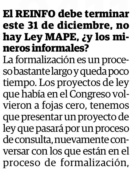 jesusverdeL's tweet photo. #OJO 

El gobierno piensa en una ampliación del REINFO que vence este fin de año. El ministro de Energía y Minas, Guillermo Shinno, afirmó que los del proceso de formalización no terminarán el 31 de diciembre y que su cartera tiene previsto presentar en el plazo de dos meses un nuevo proyecto de ley MAPE que debe pasar por una conversación entre todos los involucrados. LOS ILEGALES APLAUDEN.