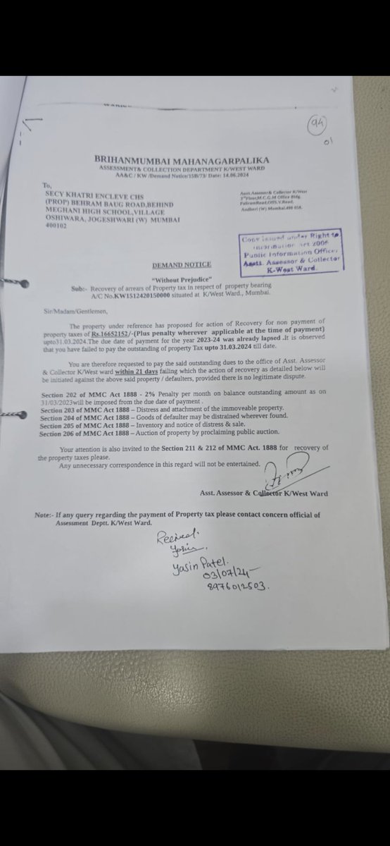 Sarfira202's tweet photo. Khatri Enclave Co-operative Housing Society, Behind J. Meghani School, bheram Baug, Jogeshwari West, Mumbai.-102 @mybmc @mybmcwardKW @CMOMaharashtra @discoveryofmaha
 @mohnaazS @weworkngo @TV9Marathi 
Property Assessment/Tax के संबंध में Warrant of Attachment और अन्य recovery proceedings Society के records और alleged non-payment से जुड़े हैं। जिन members ने अपनी maintenance/assessment amounts Society को paid की हैं, उन्हें इसके लिए responsible नहीं ठहराया जाना चाहिए।
Members are not at fault. The concerned Society office-bearers/management should be held accountable as per the official records.
We request the concerned authorities to verify the complete records and take appropriate action.