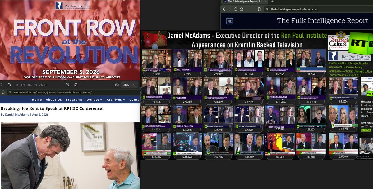 AntoniusJF's tweet photo. Yesterday, Daniel McAdams who republishes Russian Russian Foreign Intelligence Service front group (SVR->SCF) articles since 2013, announced Joe Kent @joekent16jan19 will be speaking at the Ron Paul Institute DC Conference. 
.@Restitutor_ https://t.co/sxdiULbdhK