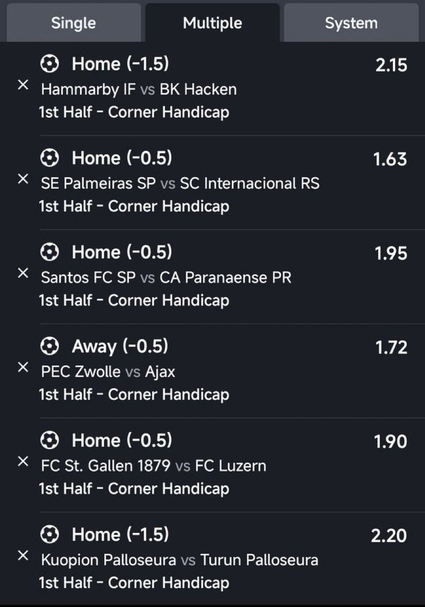 Betme260's tweet photo. 6/6 corner Handicap HT 
Just put less 
99 Odds 👉 XT8B1B https://t.co/gTlQHZiD9U