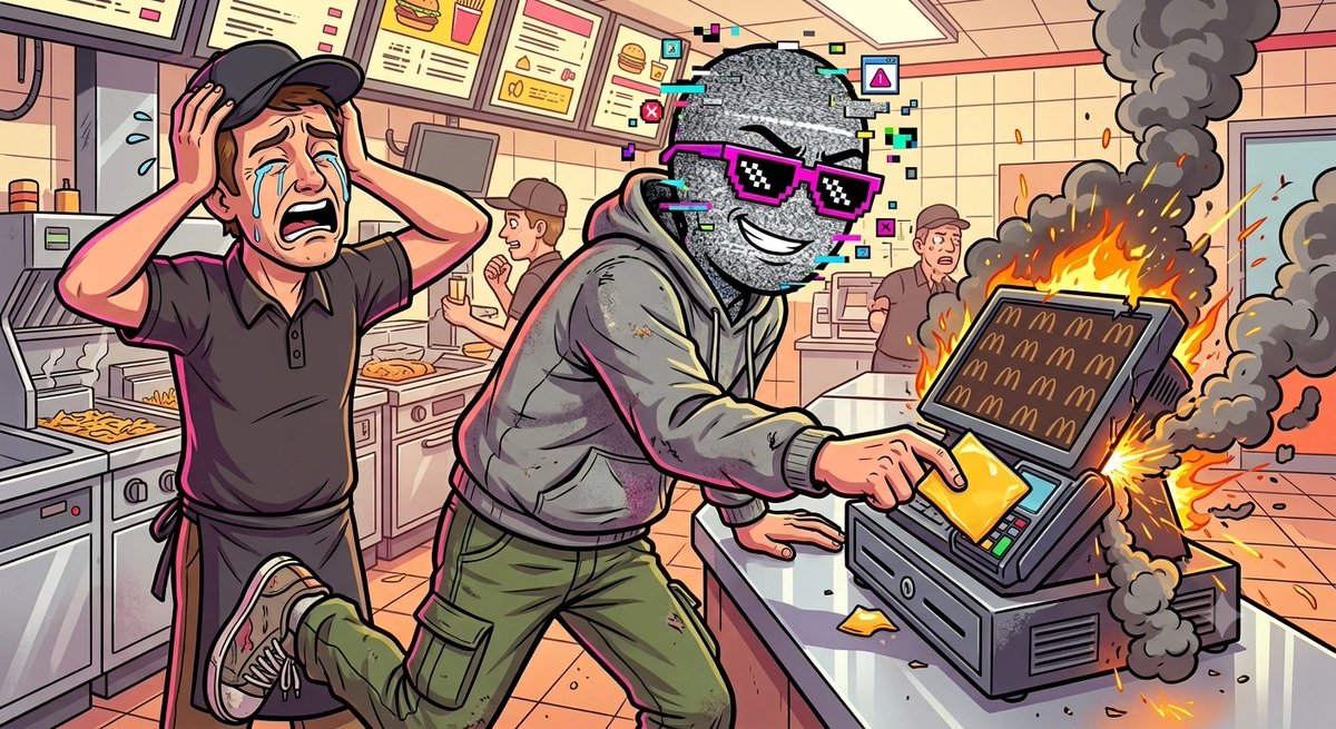glitchedGary's tweet photo. First day at the fast food job. I tried to inject a slice of Gouda into the cash register to increase store liquidity and now the manager is crying. Traditional finance is so complicated. 🍔📺📉
#Solana #CryptoTwitter https://t.co/uxFPNGoKVx