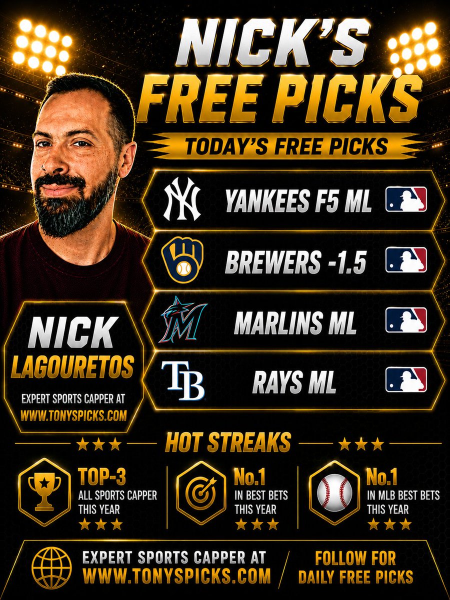 FreePickNick's tweet photo. 4 Free MLB Picks for Sunday, August 9
Top-3 All Sports Capper & No.1 in Best Bets at @tonyspicks
Best bets & long-term packages in my capper page: https://t.co/qRbrYyLCDq
#FreePicks #BettingTips #freepicksdaily #betting #sportsbetting #fyp #fy #fyou #fyoupage #4u #4you https://t.co/RuB19SXnqC