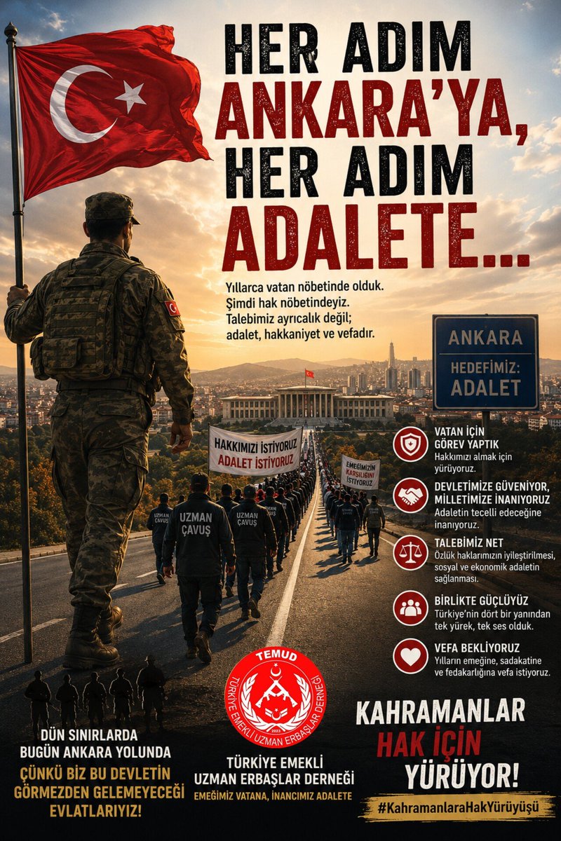 TEMUD_2024's tweet photo. HER ADIM ANKARA'YA, HER ADIM ADALETE...

Yıllarca bu vatanın dağlarında, sınır hatlarında ve en zorlu görev bölgelerinde ay yıldızlı bayrağımızın nöbetini tuttuk. Devletimizin emrinde, aziz milletimizin huzuru ve güvenliği için görev yaptık. Gerektiğinde canımızı ortaya koymayı, vatan uğruna bedel ödemeyi görevimizin bir parçası bildik.

Bugün ise Ankara'ya doğru yürüyoruz.

Attığımız her adımda yılların emeği, fedakârlığı ve alın teri var. Her kilometrede görev başında geçen ömrümüz, ailelerimizden uzak kaldığımız günler ve vatan için göze aldığımız fedakârlıklar var.

Biz bu yola ayrıcalık istemek için çıkmadık.

Talebimiz; yıllarca devletine sadakatle hizmet etmiş uzman çavuşların emeğinin, özlük haklarının ve emeklilikte yaşadığı sorunların adalet, hakkaniyet ve sosyal devlet ilkeleri doğrultusunda değerlendirilmesidir.

Her adım Ankara'ya...

Çünkü Ankara, millet iradesinin tecelli ettiği Gazi Meclis'tir.

Her adım adalete...

Çünkü beklentimiz; emeğin değer bulması, fedakârlığın vefayla karşılık bulması ve hakkın sahibine teslim edilmesidir.

Biz devletimize güveniyoruz.

Milletimizin vicdanına inanıyoruz.

Haklı taleplerimizin devletimizin köklü adalet anlayışı içerisinde karşılık bulacağına olan inancımızı koruyoruz.

Dün vatan nöbetindeydik. Bugün hak nöbetindeyiz.

Attığımız her adım, yıllarca bu vatana hizmet etmiş kahramanların sesidir.

Her adım Ankara'ya, her adım adalete...

#KahramanlaraHakYürüyüşü
#UzmanÇavuş
@TEMUD_2024
@alitilkici38