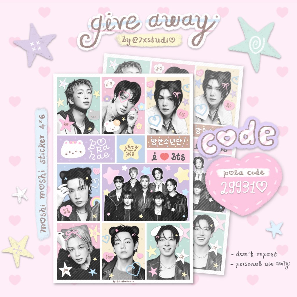 7xstudio's tweet photo. pls rt ✏️ before use 

🎀 giveaway (✿ sticker bangtan) 
photo studio moshi moshi

⭐️🧸Code : 299310

* don’t repost &amp; personal use only
 ปริ้นแล้ว ถ่ายมาอวดกันได้นะคะ (՞⸝⸝ɞ̴̶̷ ·̫ ‹⸝⸝)ಣ

— #MoshiMoshi #artworkอาร์มี่ #bts https://t.co/n6K5UwjEnn