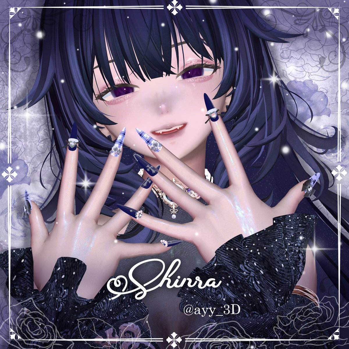 ayy_3D's tweet photo. 制作中ネイルを森羅ちゃんに付けてみました💅

ネイルチップのタイプはショート、ロング、スクエアになる予定！

現時点では、10アバター+α 対応（しなの・マヌカ・ルルネ・森羅・シフォン・ショコラ・ライム・プラム・キプフェル・まめひなた＋まめふれんず）

リリース後に、プレゼント企画＆SALEや無料配布企画も予定しております！！🎁
#Shinra3D #VRChat