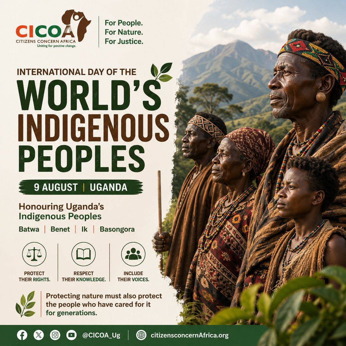 CICOA_Ug's tweet photo. Today, we recognise #Indigenous Peoples’ role in protecting Uganda’s land,#forests and #biodiversity .
The #Batwa , #Benet , #Ik and #Basongora hold generations of ecological knowledge yet continue to face pressure on ancestral lands.
Protect their rights. Respect their knowledge. Include their voices.
@UNEP @UNDPUganda @IWGIA
#IndigenousPeoplesDay #LandRights #UgandaConservation
