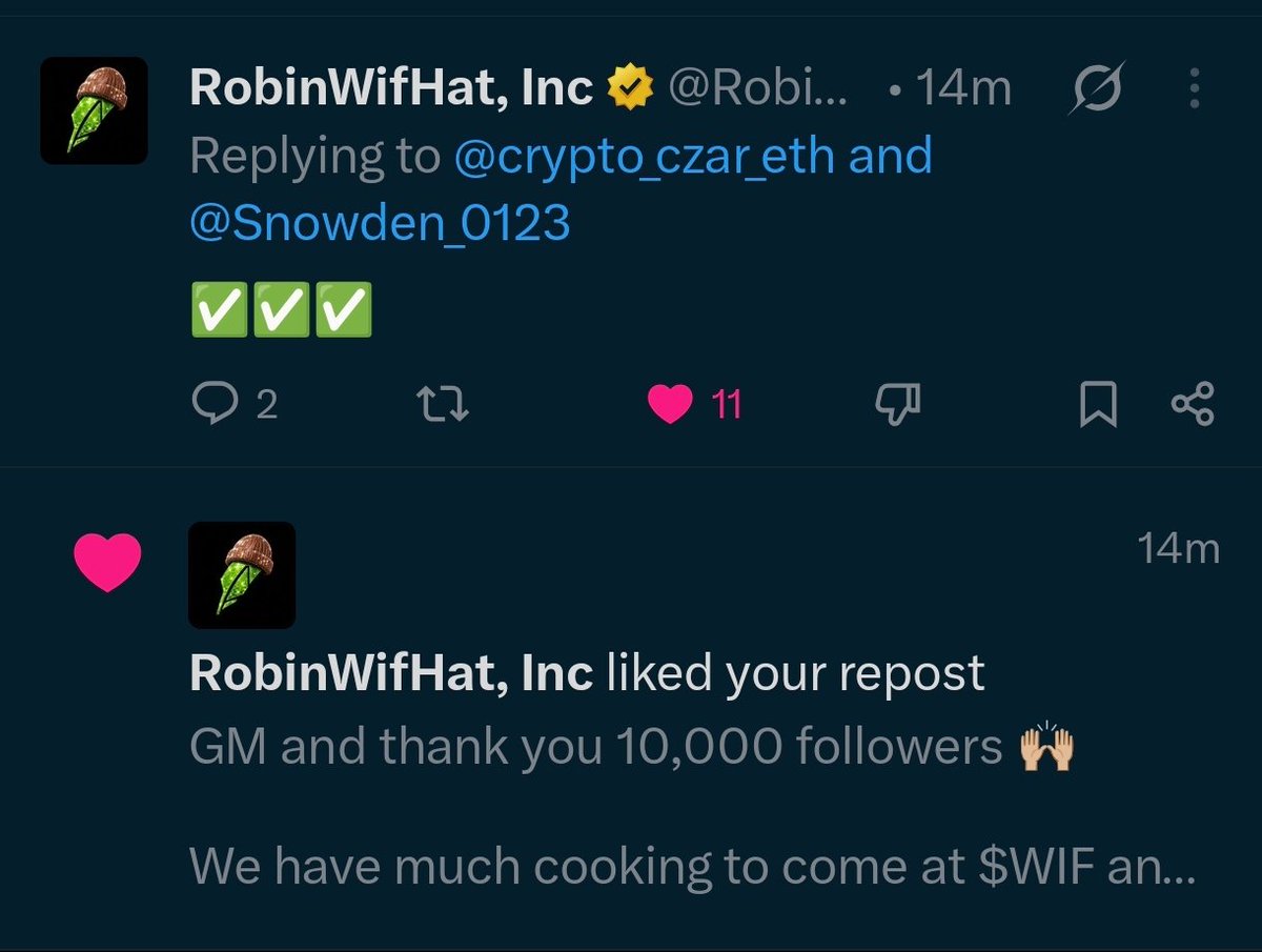 Snowden_0123's tweet photo. @RobinWifHat seeing @crypto_czar_eth through my repost is crazy 😁

I'mma top believer and always active to support this product, $WIF $WIF $WIF https://t.co/zDIh3pqrZm