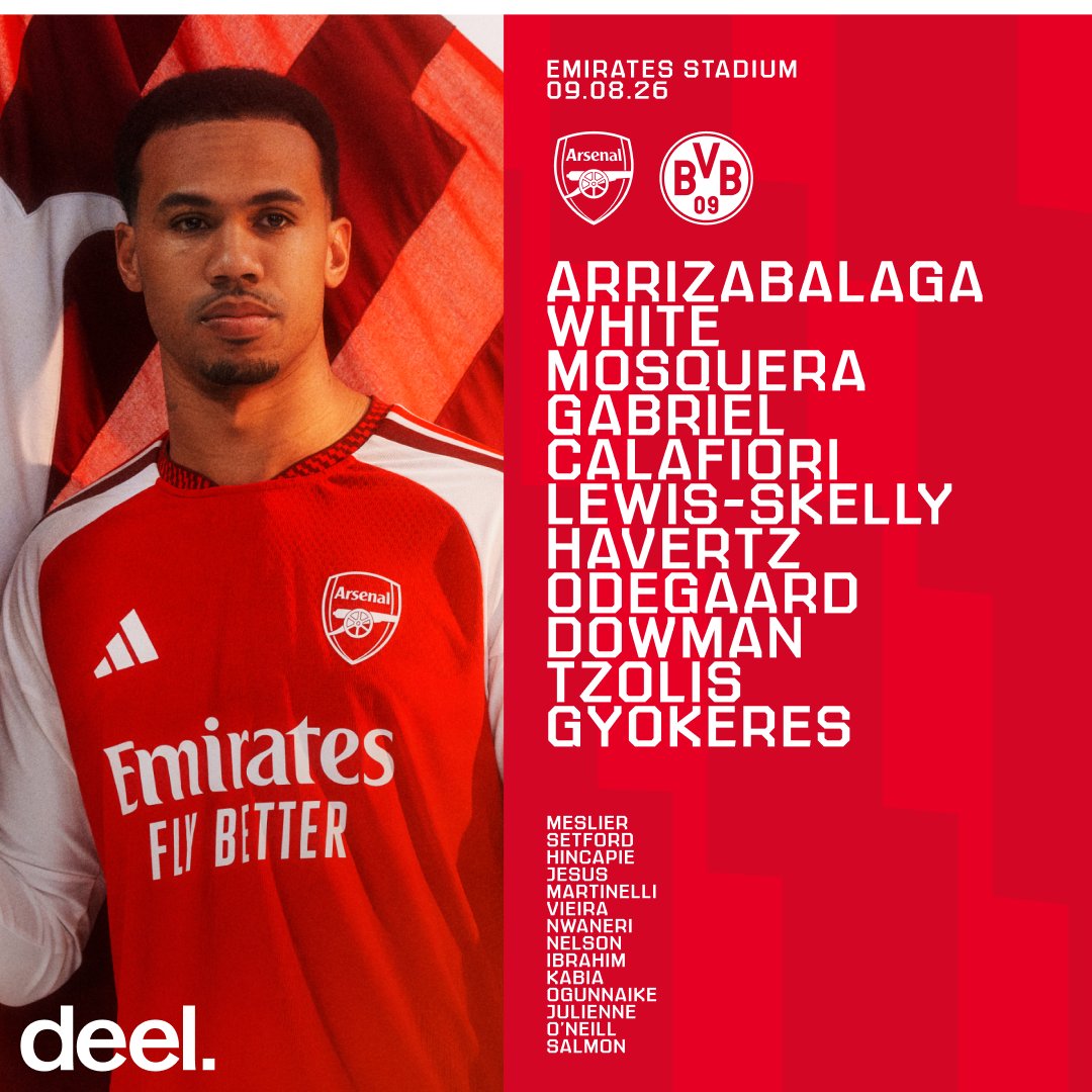 Arsenal's tweet photo. 🔴 𝗧𝗘𝗔𝗠𝙉𝙀𝙒𝙎 ⚪️

🧱 Gabriel at the back
©️ Odegaard skippers the side
😤 Gyokeres leads the line 

More pre-season minutes in the tank - let's do this, Gunners ✊

🤝 Presented by @deel https://t.co/FQwOjCDAje