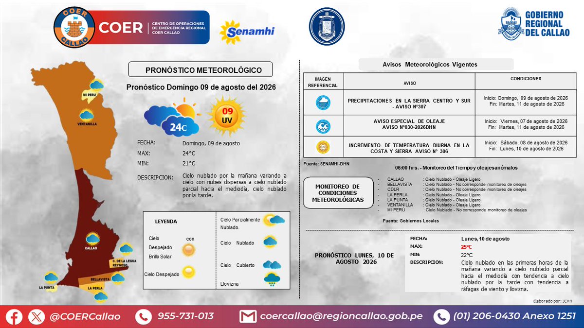 COERCallao's tweet photo. Pronóstico Meteorológico para el Domingo 09 de agosto. #Callao #Bellavista #CarmenDelaLeguaReynoso #laPerla #LaPunta #MiPeru #Ventanilla #GobiernoRegionalDelCallao #COERInforma https://t.co/GsqcKPl5Cb