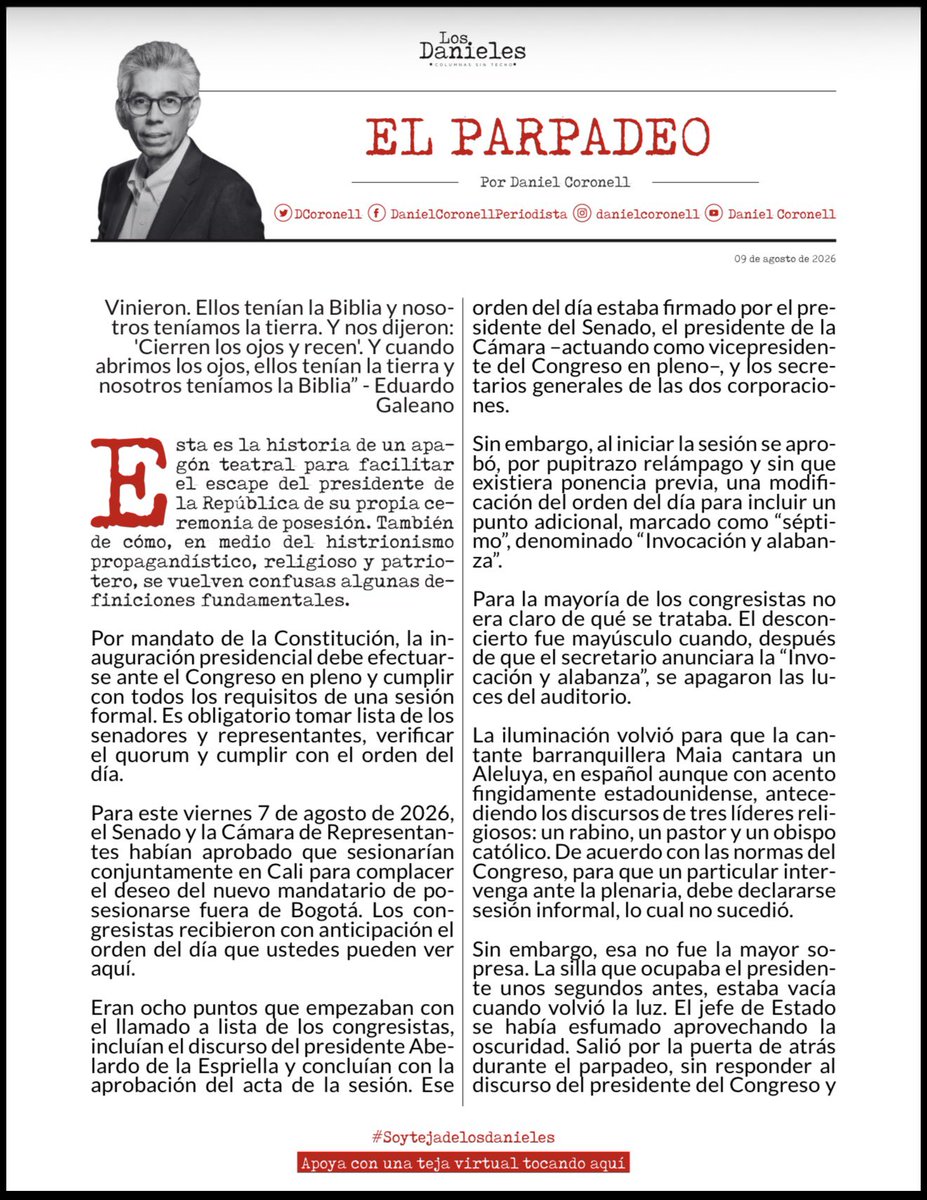 cesarusa5's tweet photo. #ElParpadeo por @DCoronell Esta es la historia de un apagón teatral para facilitar el escape del presidente de la República de su propia ceremonia de posesión. #LosDanieles @losdanieles https://t.co/CusAzgJf3Y