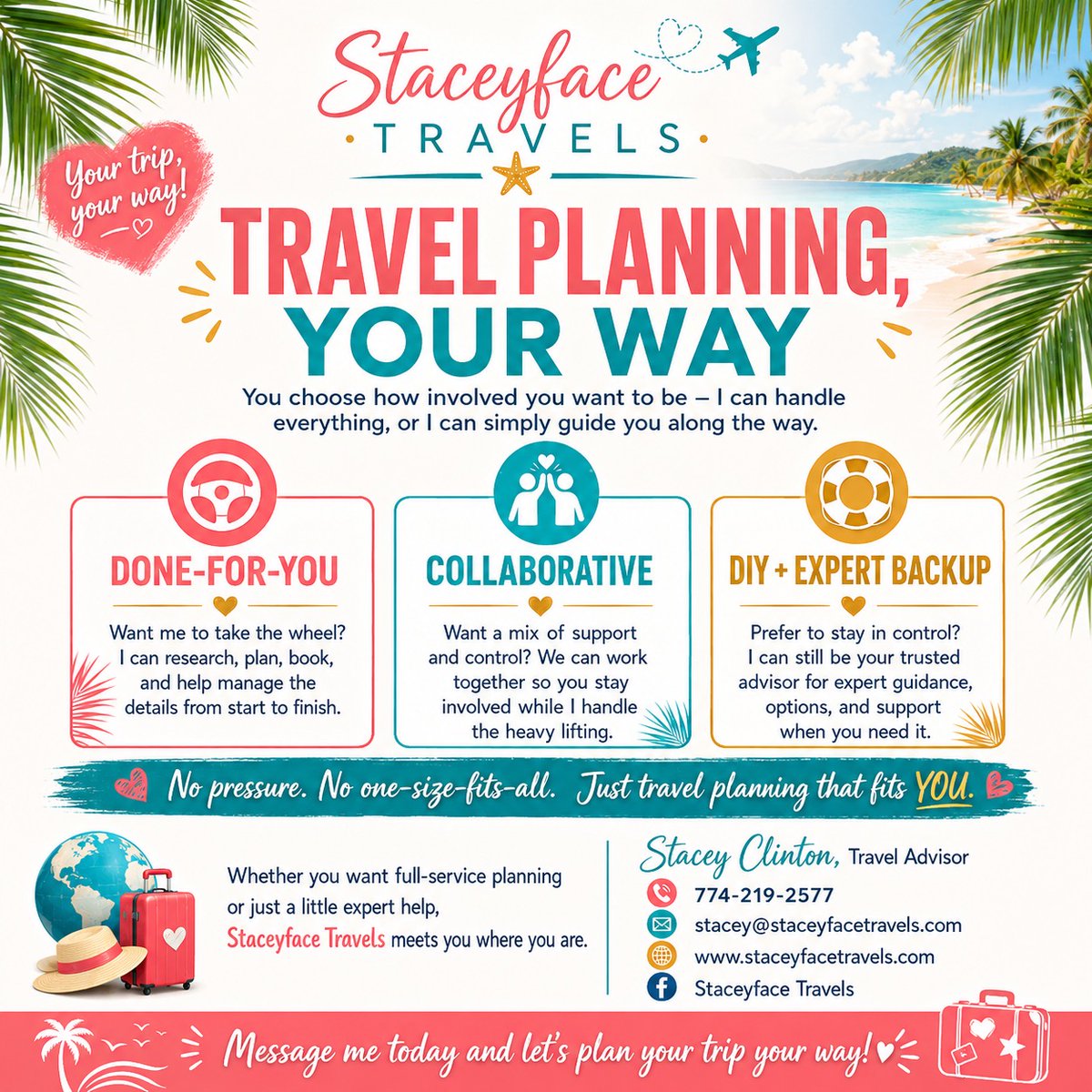 StaceyfaceTrave's tweet photo. So many ways I can help as your TA. You are going to book the trip anyway... why not support my small business while you do it!

Like to plan every detail yourself? Cool! I can help!
Don't have the attention span to do any of it? Cool! I can help.

See how that works? 𝗜 𝗴𝗼𝘁 𝘆𝗼𝘂...  EITHER WAY!

#StaceyfaceTravels #BookTheTrip #TravelAdvisor