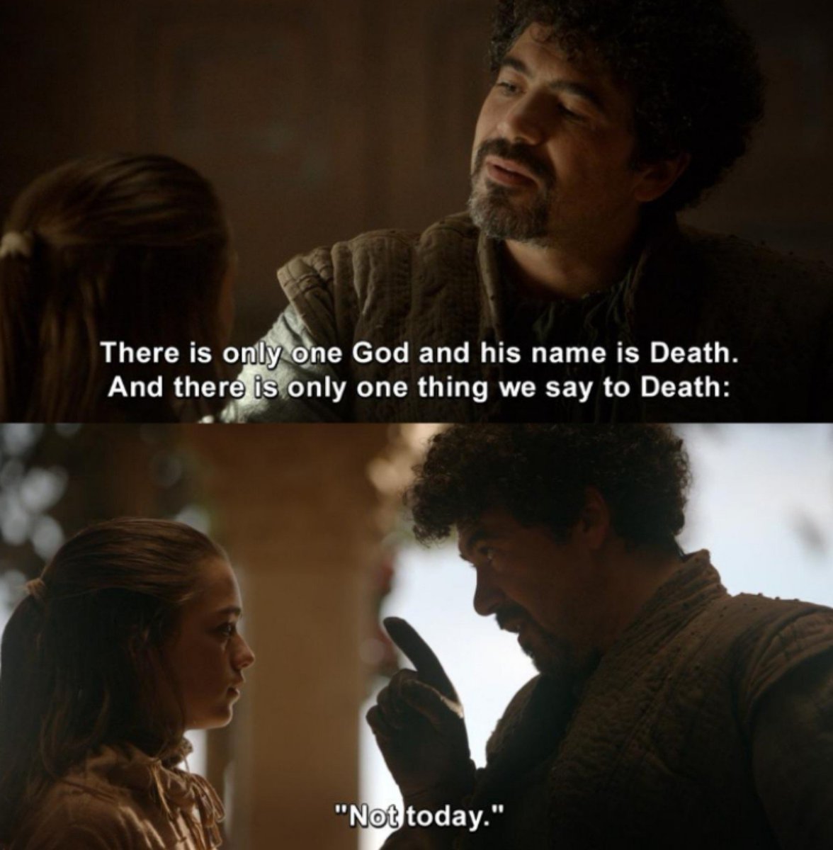 Adelmichsun's tweet photo. What do we say to the gods of death ?
Not today.

Game of thrones ☠️ 🥶 https://t.co/mlPhUo4ytG
