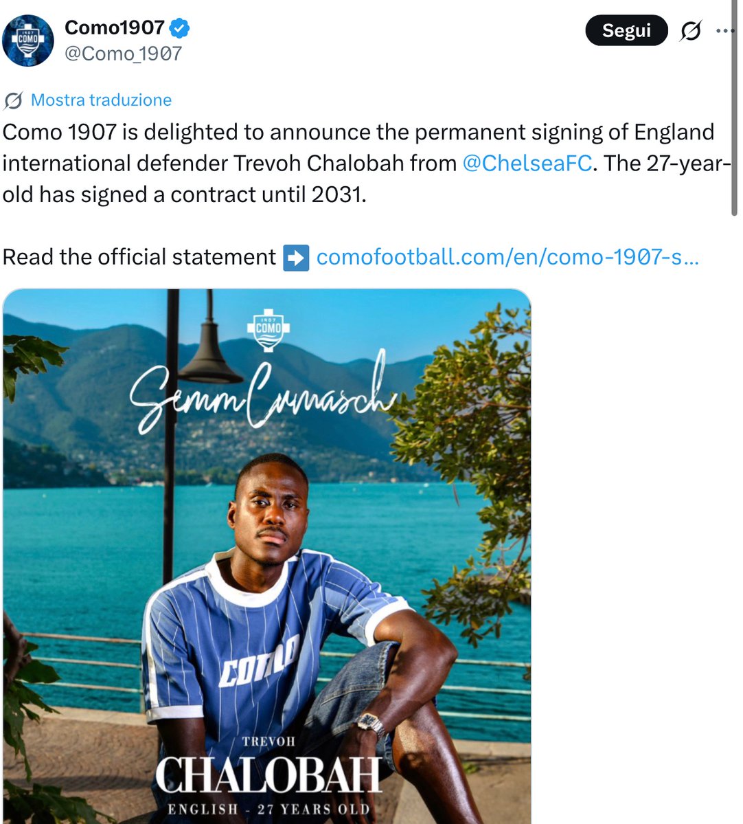 NicoSchira's tweet photo. Now it’s official! Trevoh #Chalobah to #Como from #Chelsea for €30M + bonuses. Contract until 2031. No surprise here and confirmed since the last July 16! #transfers #CFC https://t.co/nB4drShR9N