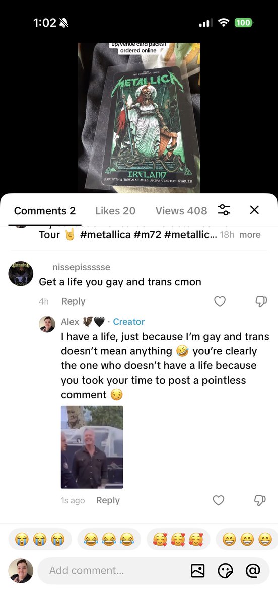 AlexAEterna's tweet photo. Bro tried to call me out (on a Metallica video btw) that I posted on TikTok… bro wasn’t thinking because I made him look stupid for posting such a pointless comment 🤣 https://t.co/P9cHUbJhtW