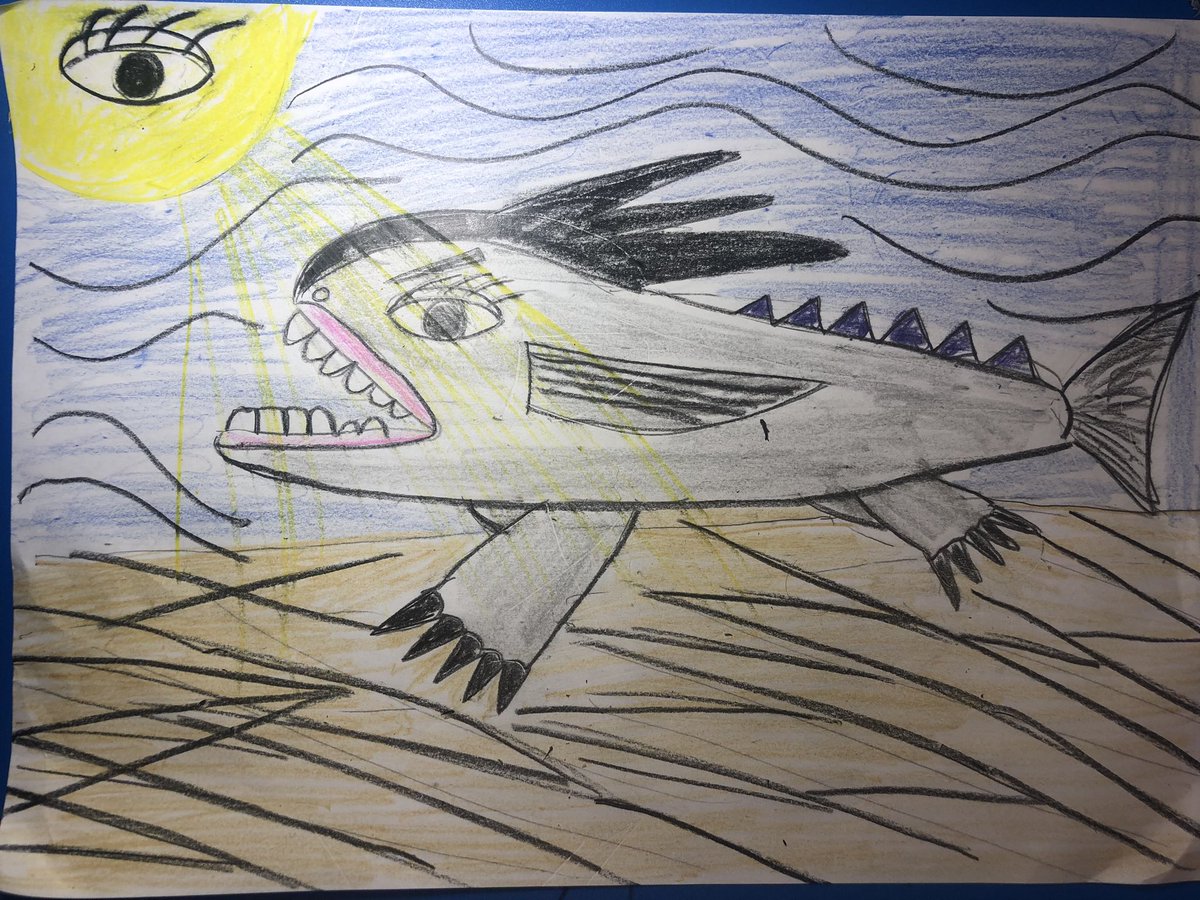 hironpa002's tweet photo. 私の絵のテーマ
「魚突妄信」
英訳は
「テーマは
「Fish delulu」
にしました。
deluluは英語のネットスラング
「根拠のない思い込み」
です　
#Art
#絵描きさんと繋がりたい 
#BorderlessArt
#DisabilityArt
#OutsiderArt

＃魚突妄信
#Fishdelulu https://t.co/685N7KnIkK