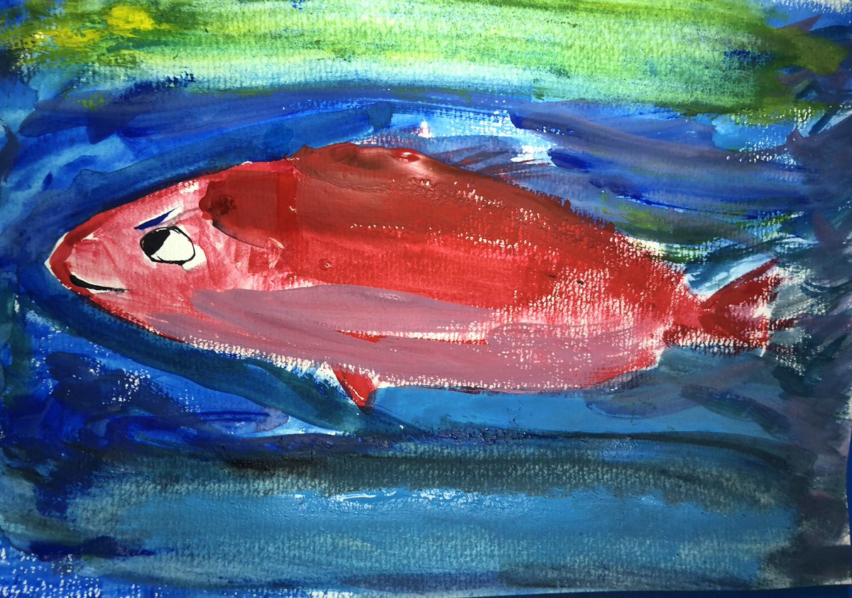 hironpa002's tweet photo. 私の絵のテーマ
「魚突妄信」
英訳は
「テーマは
「Fish delulu」
にしました。
deluluは英語のネットスラング
「根拠のない思い込み」
です　
#Art
#絵描きさんと繋がりたい 
#BorderlessArt
#DisabilityArt
#OutsiderArt

＃魚突妄信
#Fishdelulu https://t.co/685N7KnIkK