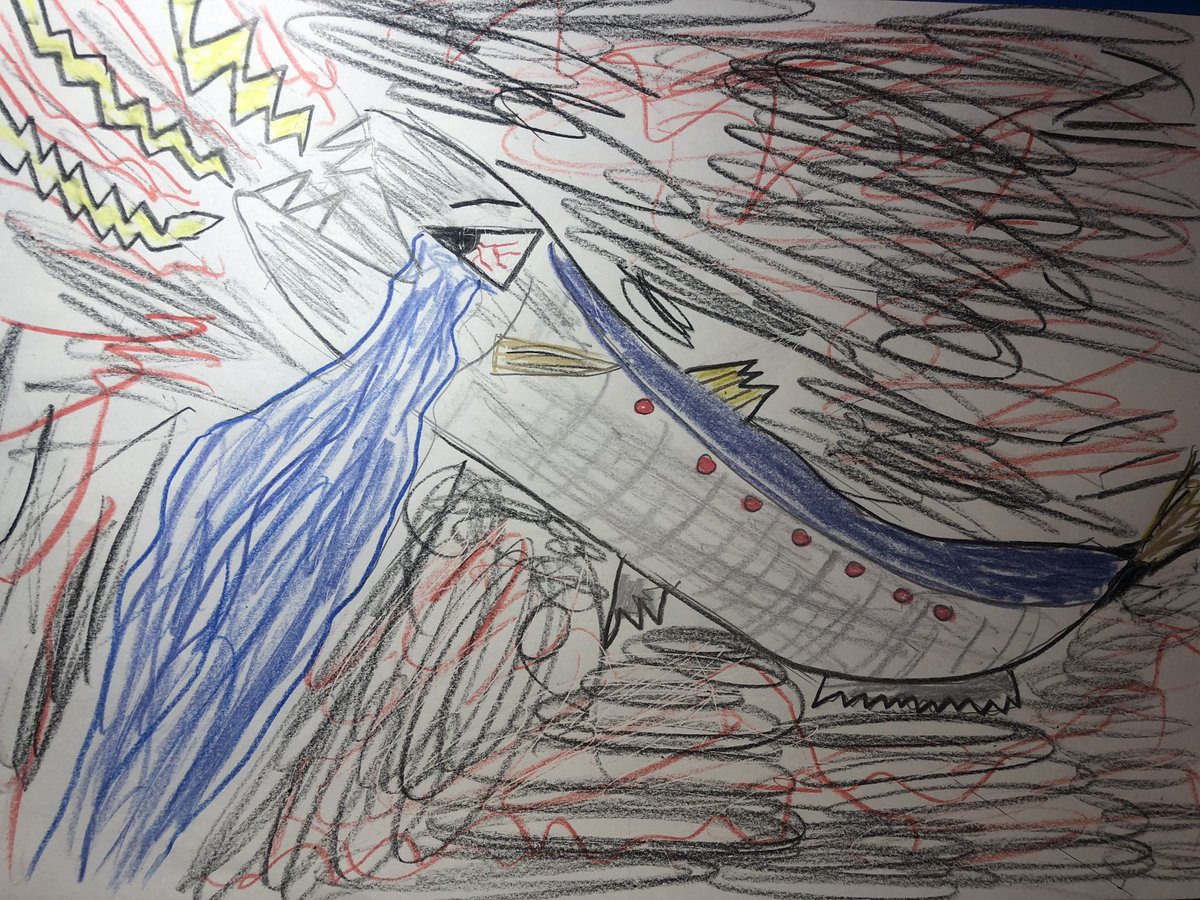 hironpa002's tweet photo. 私の絵のテーマ
「魚突妄信」
英訳は
「テーマは
「Fish delulu」
にしました。
deluluは英語のネットスラング
「根拠のない思い込み」
です　
#Art
#絵描きさんと繋がりたい 
#BorderlessArt
#DisabilityArt
#OutsiderArt

＃魚突妄信
#Fishdelulu https://t.co/685N7KnIkK