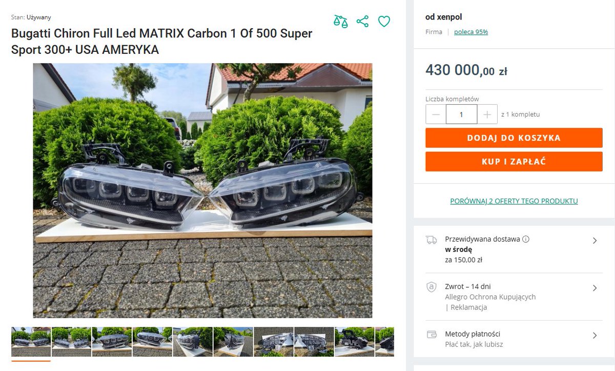 TotalnyChampion's tweet photo. Wciąż sie zastanawiam skąd Polak ma reflektory do Bugatti Chiron i czemu wystawił je za prawie pół miliona na Allegro XD https://t.co/OeRq9eQEAd