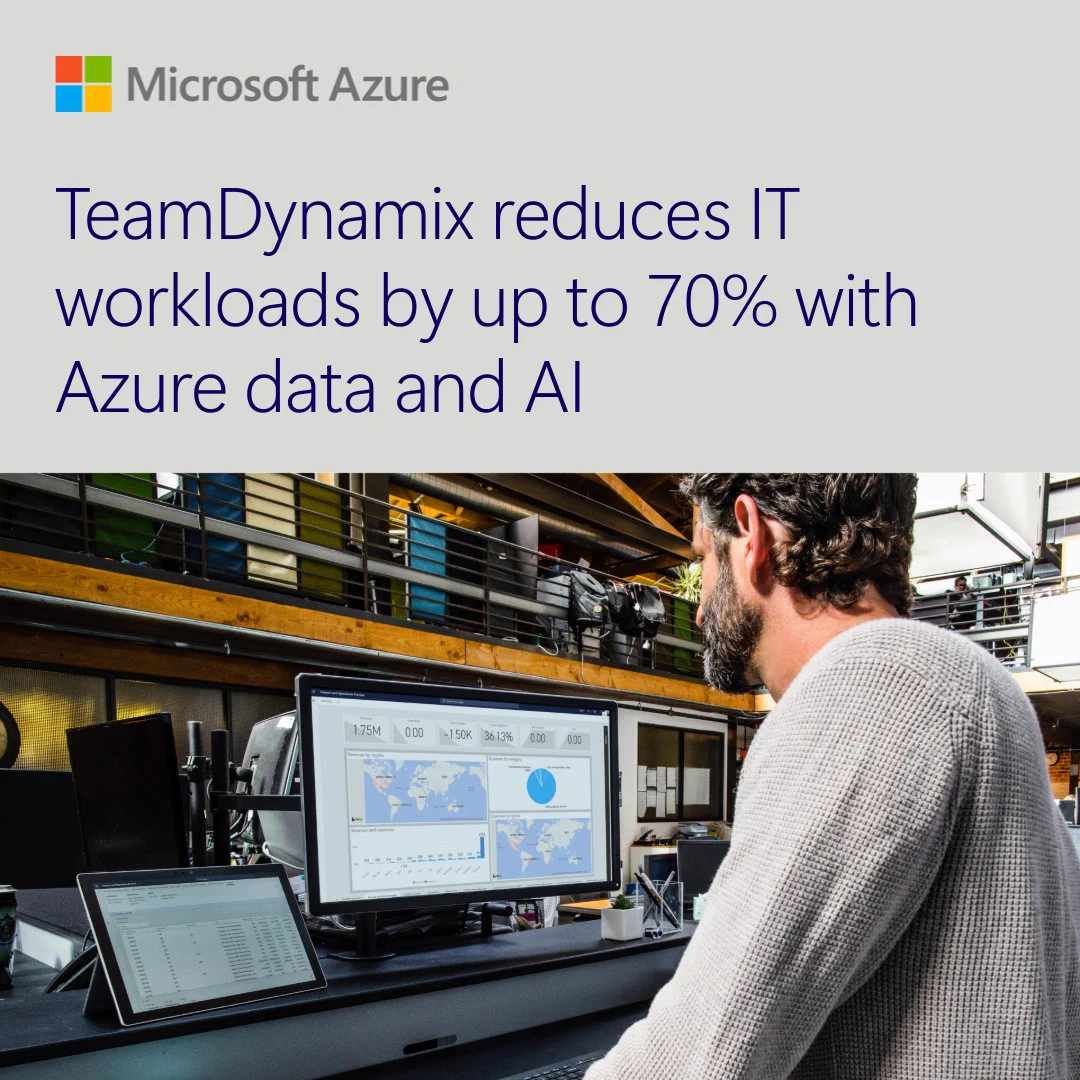 A man with a beard facing a computer screen displaying data visualizations, such as maps and graphs. The background shows a modern workspace with wooden elements. Text reads: 'TeamDynamix reduces I T workloads by up to 70% with Azure data and A I.'