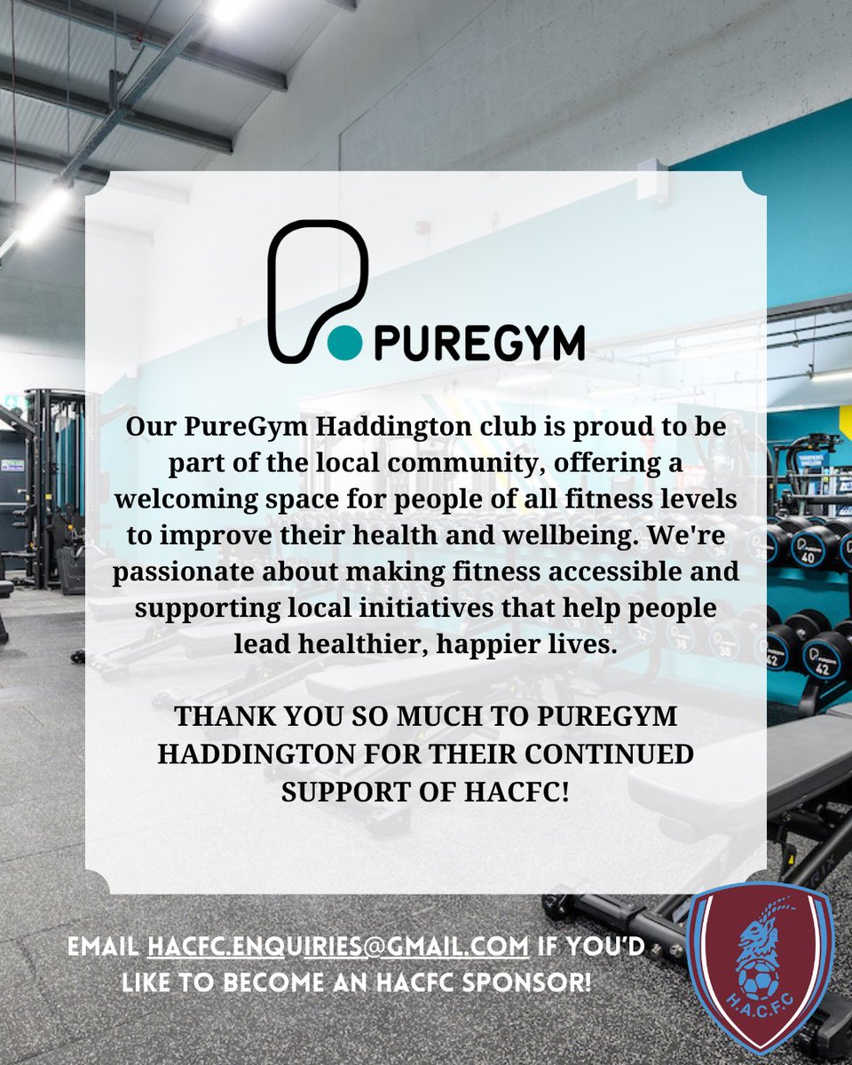HaddingtonACFC's tweet photo. Sponsor Sunday ⭐️

Offering affordable, flexible fitness for everyone, PureGym is passionate about helping people lead happier and healthier lives.

📍Find them at the Trade Park on Whittenghame Drive in Haddington

Contact hacfc.enquiries@gmail.com to become a sponsor! https://t.co/pceY4oO6nS