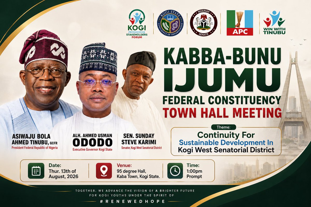 SundayKarimi's tweet photo. Join us at the Kabba-Bunu/Ijumu Federal Constituency Town Hall Meeting as we come together to engage, share ideas, and strengthen our collective vision for sustainable development in Kogi West. Your voice matters. See you there! 
#renwedhope https://t.co/VIjtgHSXyh