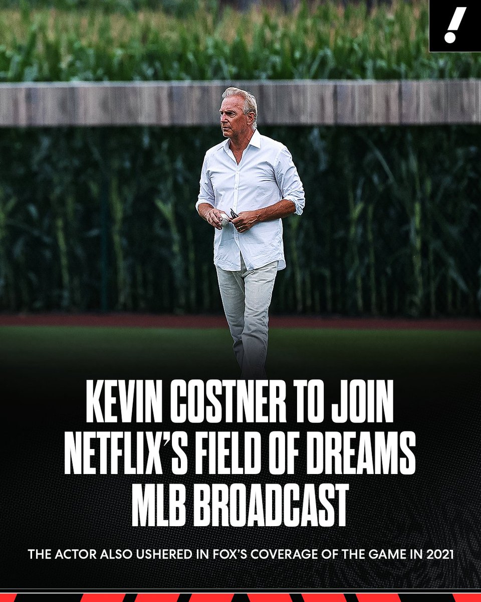 MLByahoosports's tweet photo. "If you stream it, he will come." ⚾🌽 

Field of Dreams star Kevin Costner is set to return to the MLB version of the game when it's broadcast on Netflix this Thursday at 7:30 p.m. ET. https://t.co/RPW3AOwyOG