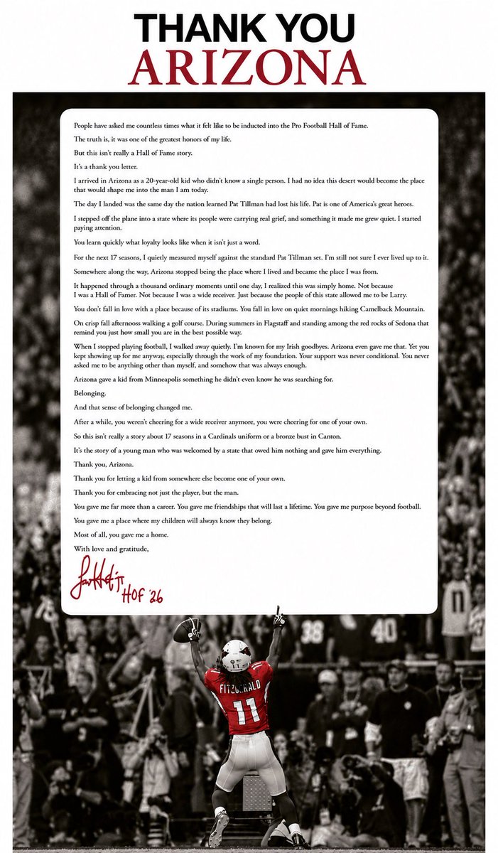 AdamSchefter's tweet photo. The full page thank you ad that newly inducted Hall of Famer Larry Fitzgerald took out in today’s Arizona Republic, via @CardsMarkD: https://t.co/gQd35W12Zd