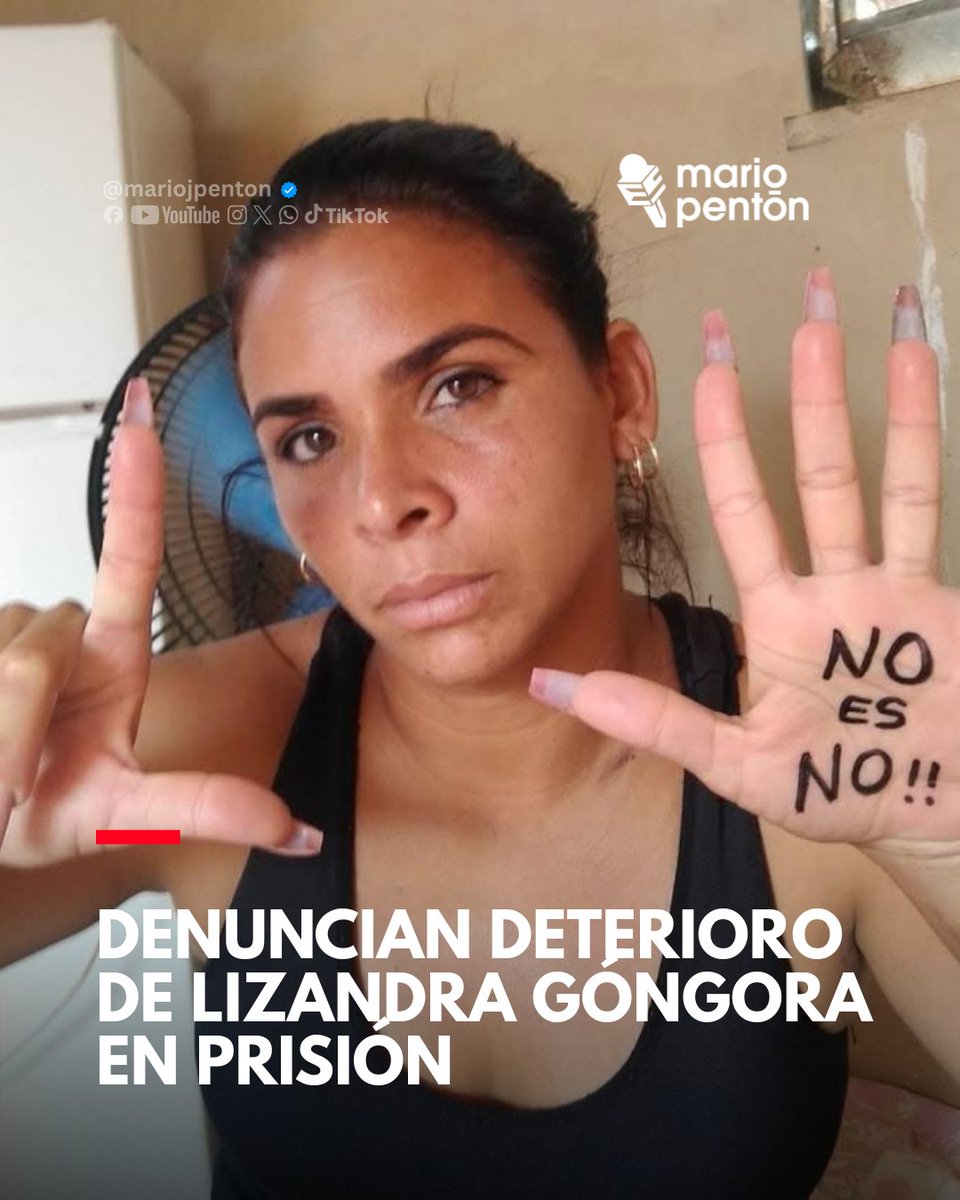 MarioJPenton's tweet photo. 🔴 La presa política del 11J Lizandra Góngora Espinosa presenta un grave deterioro físico y emocional, según denunció su esposo tras visitarla esta semana junto a sus hijos en la prisión de mujeres Los Colonos, en Isla de Pinos. Fue el primer encuentro familiar en siete meses y ocurrió bajo estricta vigilancia.

⭕ Su esposo aseguró que Góngora estaba inflamada, con el rostro hinchado, lloraba y hablaba de manera incoherente. Durante la visita llegó a decirles a sus hijos que, si no volvía a verlos, la perdonaran. La activista lleva más de 15 días en una celda de castigo y su familia teme que pueda atentar contra su vida.

⭕ Góngora, madre de cinco hijos, cumple una condena de 14 años por su participación en las protestas del 11J. Su familia también denuncia falta de atención médica adecuada y dificultades para visitarla desde que fue trasladada en 2023 a Isla de Pinos.

MARTÍ NOTICIAS