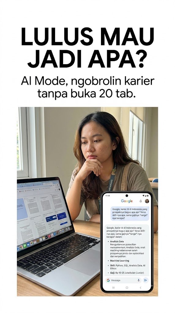nothanjaya's tweet photo. Bingung karier setelah lulus? Coba ngobrol dengan AI Mode soal role, skill, jalur masuk, sampai peluang kerja. @googleindonesia #TeamGoogle #GoogleStudentAmbassador #GSA2026 #Gemini #GoogleAI https://t.co/hna3sursun