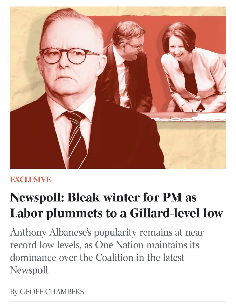 RositaDaz48's tweet photo. Labor's primary vote has plunged to Julia Gillard-era levels after falling to 29 per cent, with Anthony Albanese's popularity remaining at near-record lows since the 2022 election and One Nation maintaining its dominance over the Coalition.
Amid falls in core support for Labor, the Coalition and One Nation, an exclusive Newspoll conducted by Pyxis Polling & Insights for The Australian revealed the Prime Minister's net approval rating slumped to minus-22 after the government last week ended fuel excise relief.
As voters struggle with the ongoing cost-of-living crisis, sticky inflation and high interest rates #Newspoll showed the ALP’s primary vote was at its lowest level since the Gillard government recorded a 29% result in June 2013, days before Ms Gillard was ousted by Kevin Rudd.

The Gillard government recorded 13 primary votes of between 26 per cent and 29 per cent in Newspoll.
#The Newspoll survey of 1242 voters - conducted between Monday and Friday last week when Albanese and Angus Taylor were on leave - found the Coalition's primary vote had dropped to a near-record-low of 18%, behind Pauline Hanson's One Nation, which fell a point to 29%. 
#Since June, Labor's primary vote has fallen from 33% to 29%.
Ahead of MPs returning to parliament on Tuesday after the mid-winter break, Albanese maintained a comfortable lead over Senator Hanson and the Opposition .. on who voters preferred as Prime Minister.

Mr Albanese, Mr Taylor and Senator Hanson will this week engage in several parliamentary battles over the economy, Labor’s new taxes, migration, banning foreign fighters and gambling.
The Albanese government, which is understood to be a fortnight away from finalising tougher new migration policy settings aimed at achieving Labor’s net overseas migration targets, will focus on rising economic pressures facing Australians.
Mr Taylor will ramp up Coalition attacks against the government over weak living standards, Labor’s hidden taxes and the cost-of-living crisis. The Coalition is also strengthening its policy positions on deregulation, immigration and energy.
One Nation will push its counter-terror bill in parliament, which intends to ban Islamic State-linked fighters and terrorist sympathisers, strengthen bail laws for terror offences and introduce tougher passport-blocking powers.
Senator Hanson, whose net approval slipped to minus-3, ranked second on who voters preferred as Prime Minister with 31% of support, behind Mr Albanese on 46% and in front of Mr Taylor on 23%.