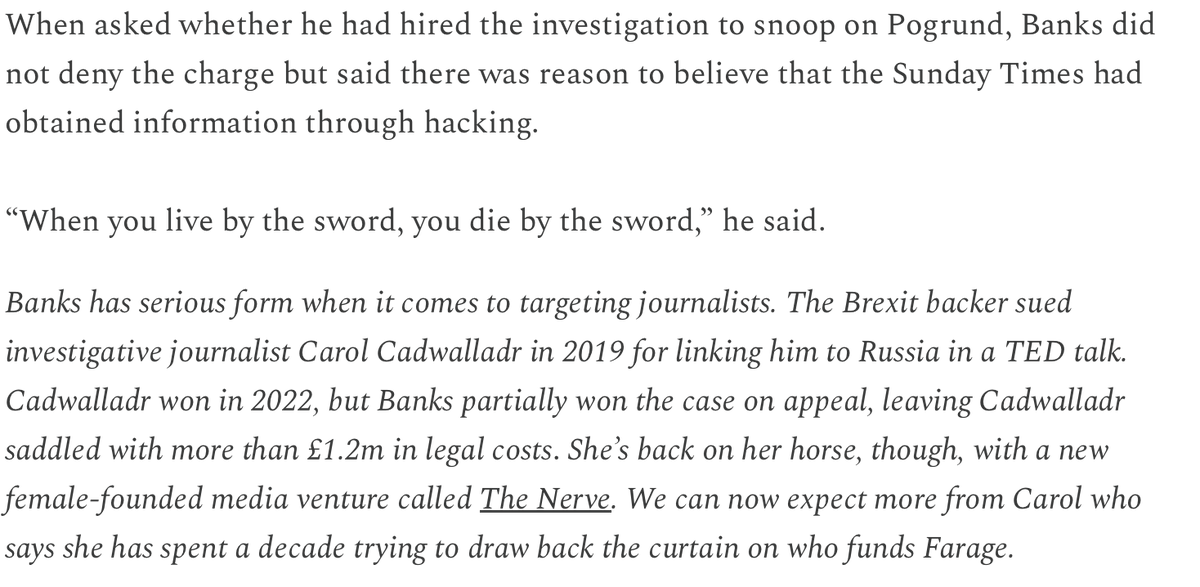 carolecadwalla's tweet photo. There's a lot of SHOCKED reaction in the papers today that Arron Banks could be capable of intimidating and surveilling a journalist. 

As if...he'd never done such a thing before.

Thank you @lionelbarber for the only article that hasn't tried to pretend this is his first rodeo https://t.co/DZJBmBjdv8