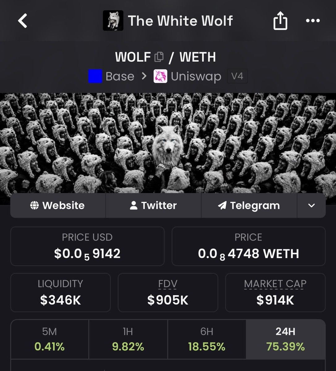 Dave_LFG's tweet photo. The White Wolf base:0x73ac2806c40ab4741ea7a35b7328aca957755ba3 on Base @base just crossed over a $900k MCAP!!

Multiple millions are right around the corner!

Awoo!

@MrDegenWolf @jessepollak @john_tv_locke @cobie @brian_armstrong https://t.co/9yDDqKQ7fo