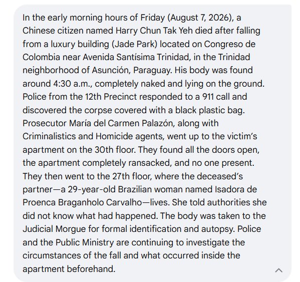 planbparaguay's tweet photo. A strange and tragic story out of Asunción. 🇵🇾

Chinese, crypto investor, Harry Yeh has died after falling from the 30th floor of the luxury Jade Park complex in Asunción, Paraguay on Friday. 

Police reportedly found his apartment ransacked, the doors open and nobody inside. His body was discovered outside the building at around 4:30am. Authorities are still investigating exactly what happened.

Yeh was a significant figure in crypto and DeFi, associated with Fantom, Tomb Finance and LIF3.

Whatever eventually comes out of the investigation, there is a lesson here for anyone with substantial wealth especially crypto wealth.

Stop telling the world how much money you have.

Don’t advertise your net worth. Don’t broadcast what you hold. Don’t tell strangers how deep you are into crypto, where you live, or what assets you control.

Paraguay is generally an incredibly welcoming & safe place, but basic personal security applies here just as it does anywhere else in the world.

Privacy is security.