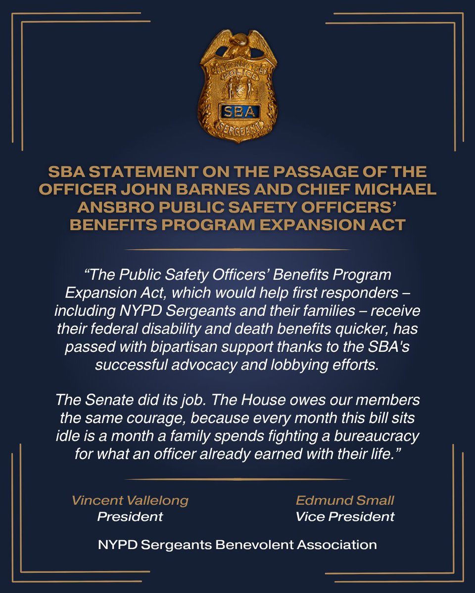 sbanypd's tweet photo. The Senate just passed the Officer John Barnes and Chief Michael Ansbro Act 100-0 — cutting benefit determinations down from years to a 270-day cap, giving subpoena power when agencies stonewall, and fast-tracking 9/11-certified officers.

Thank you @SenGillibrand &amp; @SenTedCruz! https://t.co/svxgpiDzxW