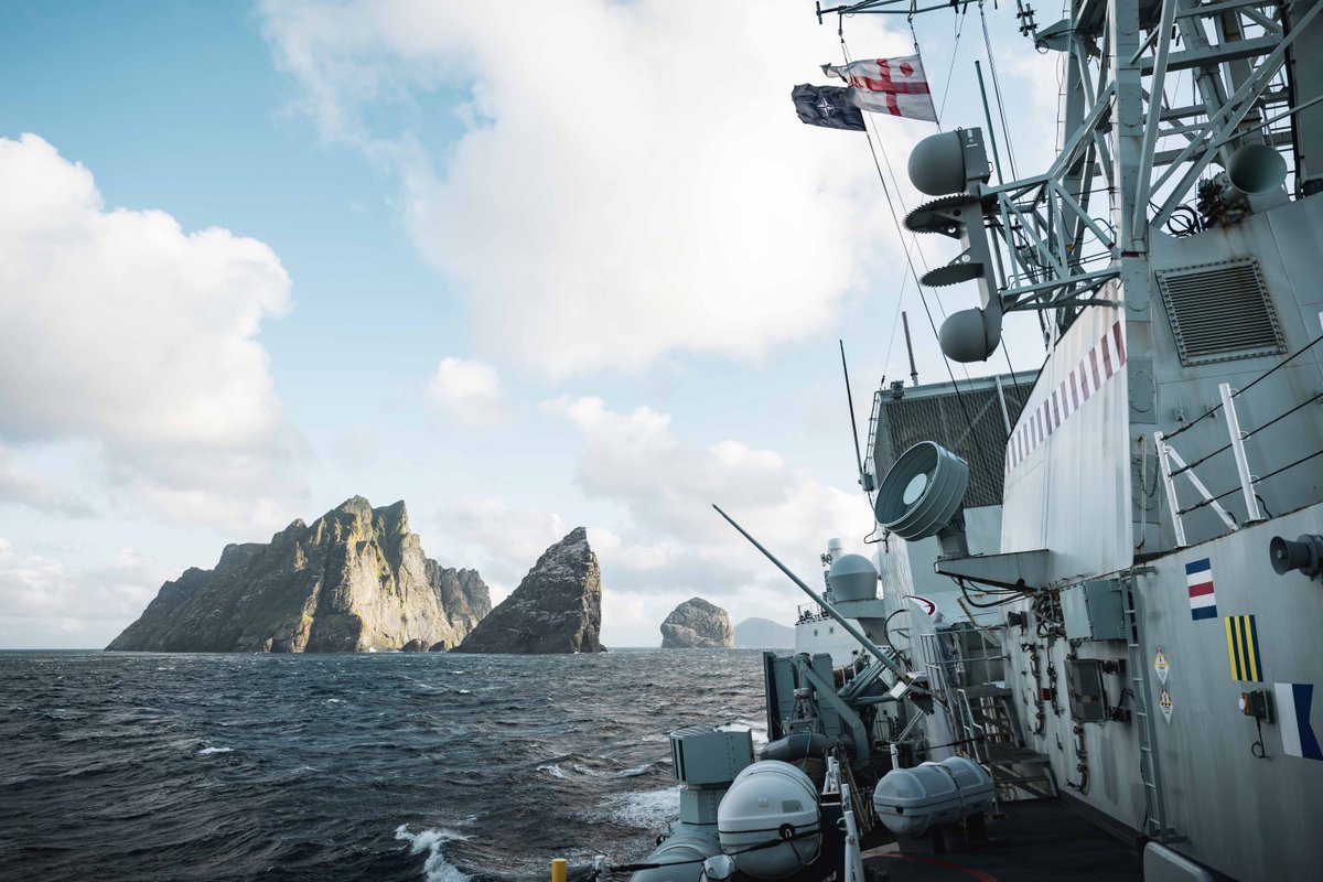 ReadyAyeReady's tweet photo. HMCS Ville De Quebec departs the St. Kilda Islands after a successful anchorage during Operation REASSURANCE on 28 July 2026. Photo: Corporal Gregory Cole, Canadian Armed Forces Photo #RCN #Photos #History https://t.co/4bSbqn5uok