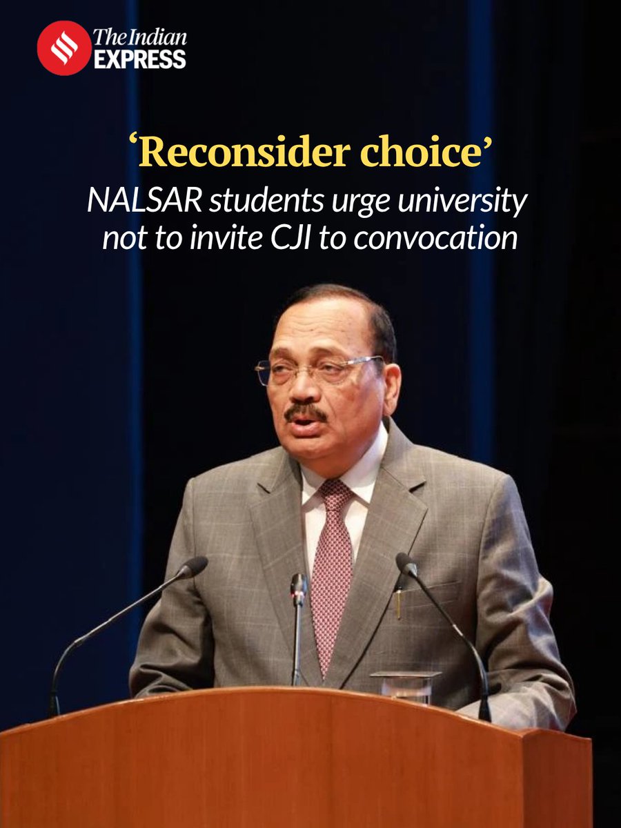 IndianExpress's tweet photo. Students at the NALSAR University of Law, Hyderabad, have opposed having Chief Justice of India (CJI) Surya Kant as the chief guest at their upcoming convocation.

About 450 students of the university from different batches, including the outgoing LLB and LLM batch, have written to the Vice Chancellor, the Registrar and Professors of the university requesting them not to invite the CJI, citing his recent comments with regard to a petition against alleged police excesses during the NEET protests last month.

The university is yet to announce the date of convocation or confirm who would be the chief guest. Traditionally, though, the incumbent CJI has been delivering the convocation address at NALSAR for years.

Click on the 🔗 below to read the full article.
https://t.co/0gfy9q0E5u

Written by: Nikhila Henry