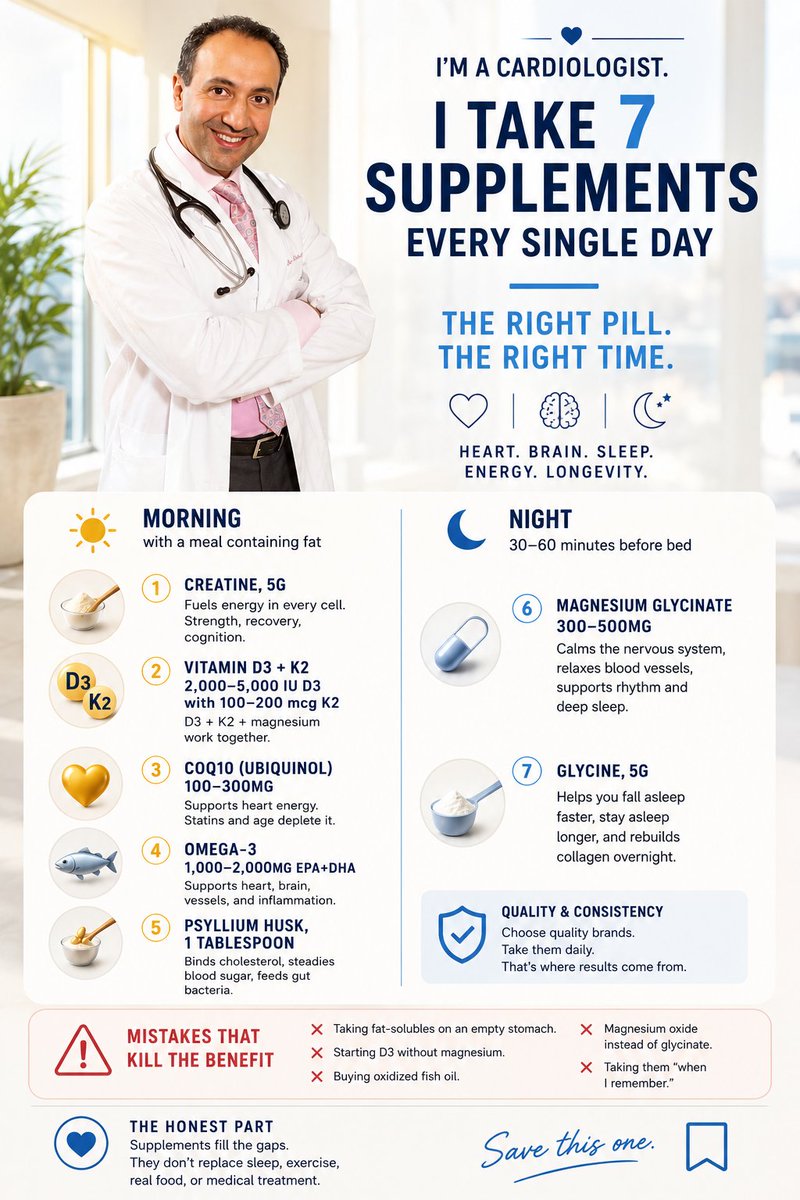 afshineemrani's tweet photo. I'm a cardiologist. I take 7 supplements every single day — and the timing matters as much as the pill.

Get it wrong and you leave half the benefit on the table. Here's exactly what I take, when, and the synergies almost nobody explains.

𝗠𝗢𝗥𝗡𝗜𝗡𝗚 — with a meal containing fat

1. Creatine, 5g. Not just for the gym. It fuels ATP production in every cell — including heart muscle and brain. Stronger aging muscle, faster recovery, sharper cognition. One of the most researched compounds on earth. Consistency beats loading. Tell your doctor before anyone reads your creatinine — it raises the number without touching kidney function.

2. Vitamin D3 + K2, 2,000-5,000 IU with 100-200 mcg K2. Target a blood level of 50-80, not the "normal" 30 most labs accept. Here's what most people miss: D3 without K2 can direct calcium into your arteries instead of your bones. And D without magnesium can worsen a magnesium deficiency, because your body burns magnesium to activate D. These three are a system, not three separate pills.

3. CoQ10 (ubiquinol), 100-300mg. Your heart beats about 100,000 times a day and every beat needs it. Statins and age both deplete it — fatigue, muscle aches, and lost stamina often follow. Ubiquinol absorbs better. If you're on a statin, this is the most rational pairing in cardiology.

4. Omega-3, 1,000-2,000mg EPA+DHA. Critical detail: most shelf fish oil is oxidized and rancid. Only buy NSF or USP certified. Supports triglycerides, vessel flexibility, inflammation, and rhythm.

5. Psyllium husk, 1 tablespoon. In water or yogurt, with extra water. Binds cholesterol, steadies blood sugar, feeds gut bacteria. Most people get half the fiber they need. Noticeable within days.

𝗡𝗜𝗚𝗛𝗧 — 30-60 minutes before bed

6. Magnesium glycinate, 300-500mg. Up to 75% of adults are low. It calms the nervous system, relaxes blood vessels, supports rhythm, and deepens sleep. Glycinate, not oxide — oxide is poorly absorbed and mostly gives you a stomachache. Patients thank me for this one more than almost anything else I prescribe. They finally wake up calm instead of wrecked.

7. Glycine, 5g. Lowers core temperature just enough to fall asleep faster and stay asleep. Also rebuilds collagen and supports the gut lining overnight. Stacks beautifully with magnesium glycinate — many people say it gives them the sleep they had in their twenties.

��𝗛𝗘 𝗠𝗜𝗦𝗧𝗔𝗞𝗘𝗦 𝗧𝗛𝗔𝗧 𝗞𝗜𝗟𝗟 𝗧𝗛𝗘 𝗕𝗘𝗡𝗘𝗙𝗜𝗧

Taking fat-solubles — D3, K2, CoQ10, omega-3 — on an empty stomach. You're absorbing a fraction.

Starting D3 without magnesium.

Buying oxidized fish oil because it was on sale.

Magnesium oxide instead of glycinate.

Taking them "when I remember." These work on consistency, not intention.

𝗧𝗛𝗘 𝗛𝗢𝗡𝗘𝗦𝗧 𝗣𝗔𝗥𝗧

These are not magic. They fill the gaps modern food, chronic stress, and aging quietly create. They will never outperform sleep, resistance training, real food, and blood pressure control — and they are not a substitute for treating actual disease.

And check with your own physician first, particularly if you have kidney disease or take blood thinners, statins, or nitrates. If you're on warfarin, K2 is off the table without your doctor.

Cheap. Evidence-backed. Timing optimized.

Do it properly for 30 days and watch what happens to your sleep, your energy, and your night cramps — those shift first, usually within two weeks.

Save this one.