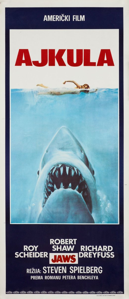 TheFilmFair's tweet photo. Yugoslav movie poster for JAWS (1975 - Dir. Steven Spielberg) Cast: Roy Schieder, Richard Dreyfuss, Robert Shaw, Lorraine Gary, Murray Hamilton https://t.co/l9Lyj9XwNf