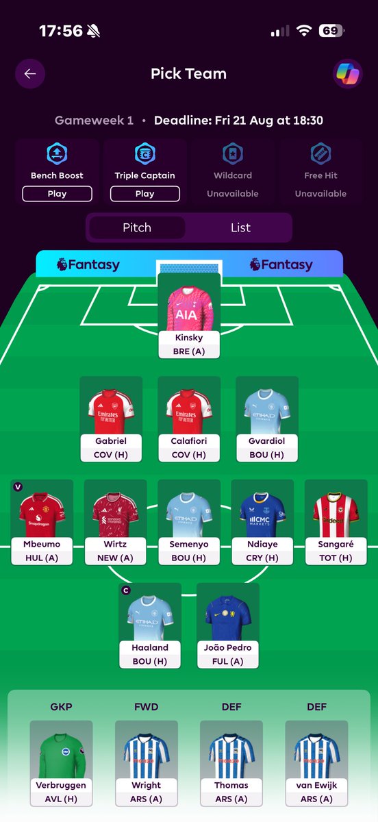 fplpercent's tweet photo. Bench Boost Gameweek 2, are there any downsides to this team? 

#FPL https://t.co/4kNSjC1DTB