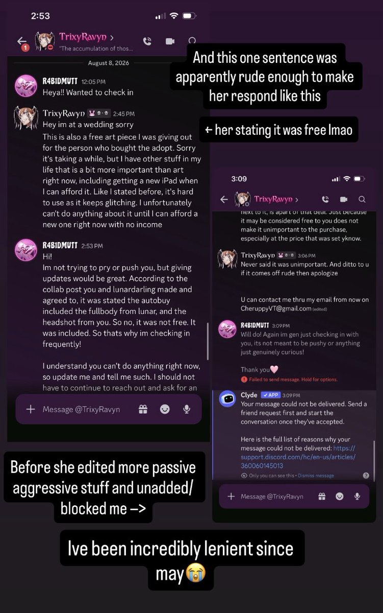 RabidmuttxX's tweet photo. Hey everyone! If you are here from Trixyravyn ‘s callout post, here is all the screenshots of my response I put on my instagram, which you can find in my highlights. I hate drama🥹🥲 thanks

More are in the comments because of the image limit. https://t.co/4hAcRgl7o3