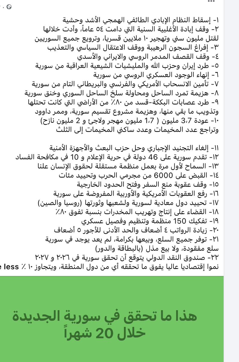 ahmadsaleem5's tweet photo. بإنهاء الوجود العسكري الروسي في سورية اليوم
يكون العهد السوري الجديد قد حقق في 20 شهرا، ما يلي :

١- إسقاط النظام الإبادي الطائفي الهمجي الأشد وحشية
٢- وقف إبادة الأغلبية السنية التي دامت ٥٤ عاماً، وأدت خلالها
لقتل مليون سني وتهجير ١٠ ملايين قسريا، وترويع جميع السوريين
٣- إفراغ السجون الرهيبة ووقف الاعتقال السياسي والتعذيب
٤- وقف القصف المدمر الروسي والايراني والأسدي
٥- طرد إيران وحزب الله والمليشيات الشيعية العراقية من سورية
٦- إنهاء الوجود العسكري الروسي من سورية
٧- تأمين الانسحاب الأمريكي والفرنسي والبريطاني التام من سورية
٨- هزيمة تمرد الساحل ومحاولة سلخ الساحل السوري وخنق سورية
٩- طرد عصابات البككة-قسد من ٨٠٪ من الأراضي التي كانت تحتلها
وتذويب ما بقي منها، وهزيمة مشروع تقسيم سورية، وممر داوود
١٠- عودة 3،7 مليون ( 1،7 مليون مهجر ولاجئ و 2 مليون نازح)
وتراجع عدد المخيمات وعدد ساكني المخيمات إلى الثلث
.
١١- إلغاء التجنيد الإجباري وحل حزب البعث والأجهزة الأمنية
١٢- تقدم سورية على 46 دولة في حرية الإعلام و 10 في مكافحة الفساد
١٣- السماح لأول مرة بعمل منظمة مستقلة لحقوق الإنسان علنا
١٤- القبض على 6000 من مجرمي الحرب وتحييد مئات
١٥- وقف عقوبة منع السفر وفتح الحدود الخارجية
١٦- رفع العقوبات الأمريكية والأوربية المفروضة على سورية
١٧- تحييد دول معادية لسورية ولشعبها وثورتها (روسيا والصين)
١٨- القضاء على إنتاج وتهريب المخدرات بنسبة تفوق ٨٠٪
١٩- تفكيك 150 منظمة وتنظيم وفصيل عسكري
٢٠- زيادة الرواتب ٤ أضعاف والحد الأدنى للأجور ٥ أضعاف
٢١- توفر جميع السلع، وبيعها بكرامة، لم يعد يوجد في سورية
سلع مفقودة، ولا بيع مذل (بالبطاقة والدور)
٢٢- صندوق النقد الدولي يتوقع أن تحقق سورية في ٢٠٢٦ و ٢٠٢٧
نموا إقتصاديا عاليا يفوق ما تحققه أي من دول المنطقة، ويتجاوز ١٠ ٪