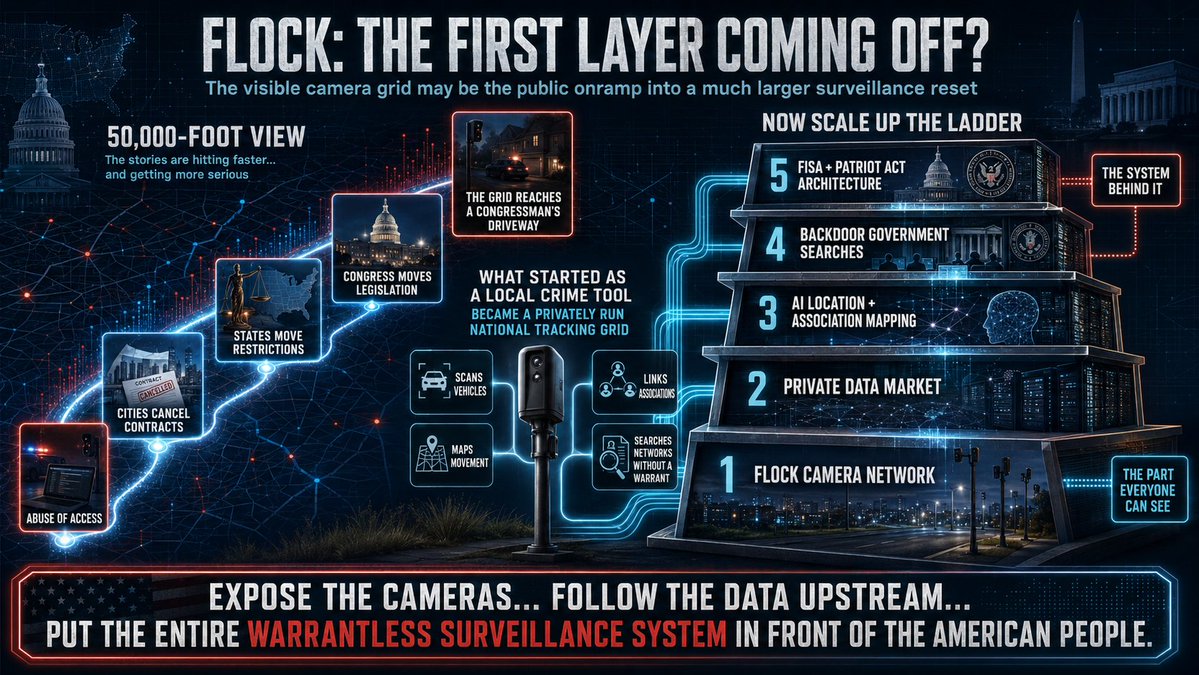 holonabove's tweet photo. Whoa, it isn't a coincidence... the Flock narrative releases are accelerating at a frequency way beyond Flock itself... 

Zoom out with me and look at the pattern… Flock stories are hitting faster and getting more serious...

Officers abusing access, cities canceling contracts, states moving restrictions and members of Congress now pushing legislation...

What started as a local crime tool quietly became a privately run national surveillance grid… scanning vehicles, mapping movement, linking associations and letting thousands of camera networks be searched without a warrant...

Then Rep. Marlin Stutzman felt it reach all the way to his driveway over an expired registration… and immediately joined the effort to rein it in...

Now walk it up the ladder… go with me on this... this is only building scaffolding to what's coming...

Flock is the part everyone can see... above it sits the private data market...

AI location tracking, backdoor government searches, FISA and the surveillance structure built after 9/11 through the Patriot Act... {{{bell goes off}}}

This may be the public onramp into something much bigger… expose the cameras first, follow the data upstream and put the entire warrantless surveillance system in front of the American people... let them feel it...

Flock may simply be the first layer coming off... hmm... 👁
