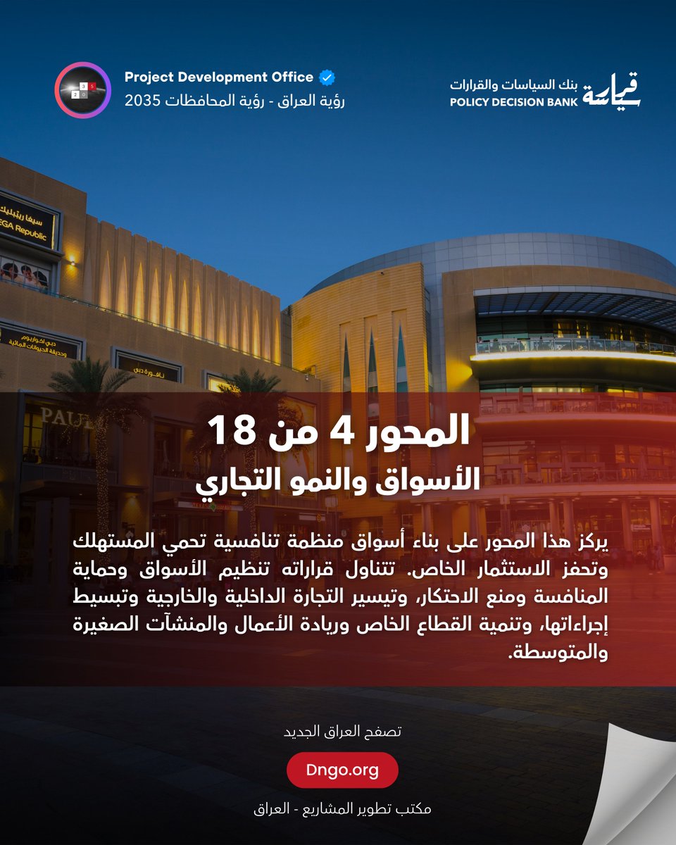 pdo2035's tweet photo. الأسواق العادلة تحمي المستهلك، وتكافئ المنتج، وتفتح الباب أمام كل صاحب فكرة.

حين يغيب التنظيم، يسود الاحتكار، وتتلاعب الأسعار، ويترك المستهلك بلا حماية، ويخنق صاحب المشروع الصغير بالروتين والرسوم.

السوق المنظم والتنافسي بيئة أساسية تفتح المجال أمام الاستثمار وريادة الأعمال وتحمي حق المواطن في الاختيار.

في بنك السياسات والقرارات خصصنا 30 قرار مقترح لبناء أسواق منظمة وتنافسية تشمل حماية المنافسة ومنع الاحتكار، وصون حقوق ا��مستهلك، وتيسير التجارة الداخلية والخارجية وتبسيط إجراءاتها، وتمكين القطاع الخاص وريادة الأعمال والمنشآت الصغيرة والمتوسطة.

الاقتصاد لا تبنيه الحكومة وحدها، بل يبنيه ملايين المبادرين حين تفتح لهم الأبواب وترفع عنهم العراقيل.

ال��سعار العادلة والمنافسة الشريفة هي ما يشعر به المواطن في جيبه كل يوم وعند كل عملية شراء.

أطلقوا طاقة الناس، يرتفع الاقتصاد.

أسواق عادلة، فرصة للجميع.

مكتب تطوير المشاريع
بنك السياسات والقرارات
https://t.co/0pegzy0j4y

#نحو_اقتصاد_يقوده_الخبراء #النهضة_العراقية_الكبرى