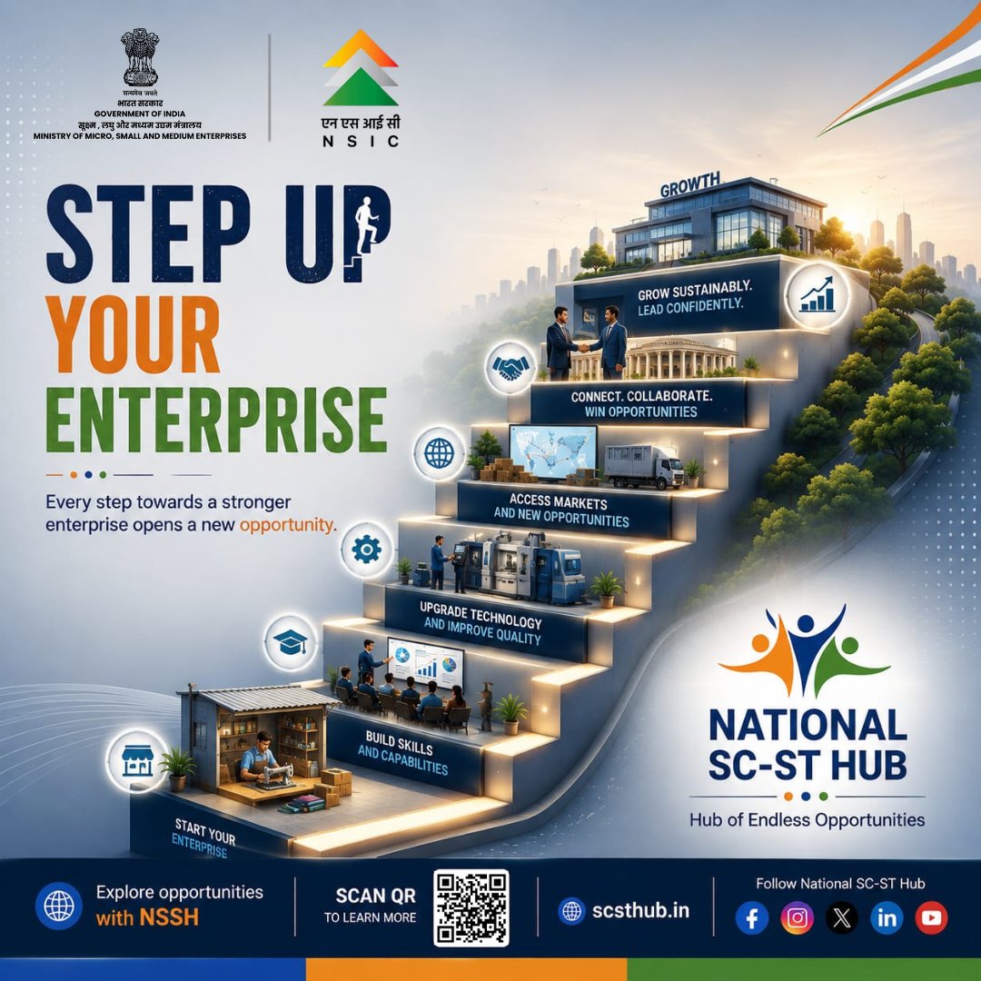 scsthub's tweet photo. Every step toward a stronger enterprise opens a new opportunity. Build skills, upgrade technology, access new markets, collaborate strategically, and grow sustainably with National SC-ST Hub. #MSME #SCSTHub #NSIC @NSICLTD @minmsme https://t.co/yLWIO3oEuc