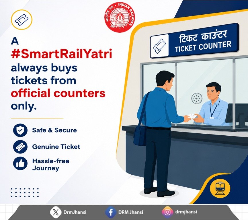 DrmJhansi's tweet photo. 🚆 A smart rail passenger always buys tickets from official counters!
Choose authorised ticketing channels for a genuine ticket, a safe journey, and a hassle-free travel experience.
#SmartRailYatri #IndianRailways #SafeJourney #RailSafety #RailwayAwareness #TravelSafe #TrainTravel