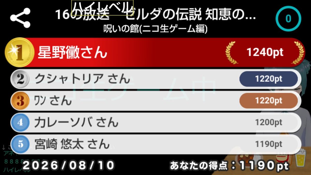 MiyaYu6230's tweet photo. #呪いの館(ニコ生ゲーム編) で 5位にランクイン (1190pt獲得)！ 16の放送　ゼルダの伝説 知恵のかりもの / ニコ生視聴中 https://t.co/gDClNSPIdx https://t.co/BSVg4KUzDA