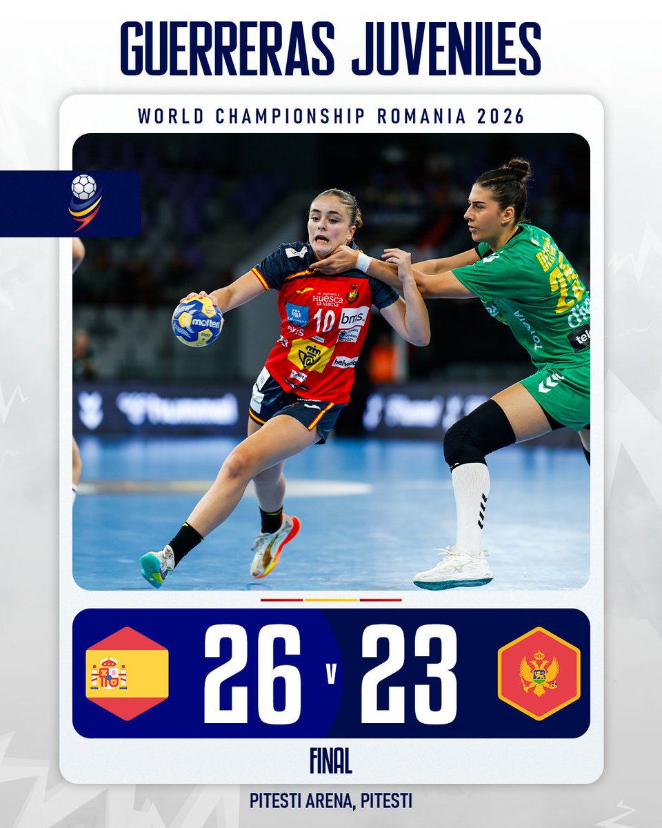 RFEBalonmano's tweet photo. 🔥 #GuerrerasJuveniles🇪🇸

🏆 Campeonato del Mundo @ihfhandball #Romania2026

📍 Final
🏟️ Pitesti Arena🇷🇴

🆚 España🇪🇸 2⃣6⃣-2⃣3⃣ 🇲🇪Montenegro

⏰ 60' - Final 

🎙️ ¡LAS #GuerrerasJuveniles🇪🇸 SON CAMPEONAS DEL MUNDO! 

📝 Revive el partido aquí 👇
https://t.co/C1aT1DH2iP 

📸 Anze Malovrh - kolektiff

#⃣ #Balonmano #FollowTheFuture #SheLovesHandball