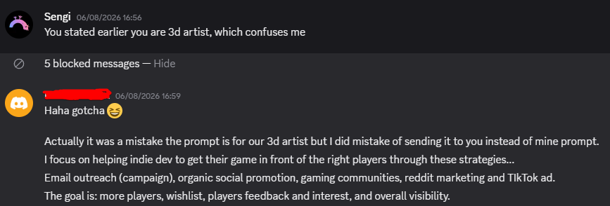 SengiDev's tweet photo. Hey #gamedev people. Lately there are some waves of spam in discord with the same damn thing about marketing\3d artist approach. 

How do you manage this thing?   I can't ignore dm because they could be from a real people, but this stuff eats out time 😩 https://t.co/Nk3cqZaSzE