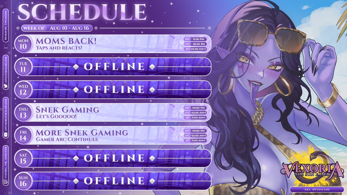VexTheSunEater's tweet photo. A Schedule! 🐍

I'm back! I missed you all! Getting back in the saddle💜

Mon: Big Catch up! 12pm EST 

Thurs: Snek Gaming 9pm EST

Fri: Snek Gaming 9pm EST https://t.co/eNd6jAmzCA